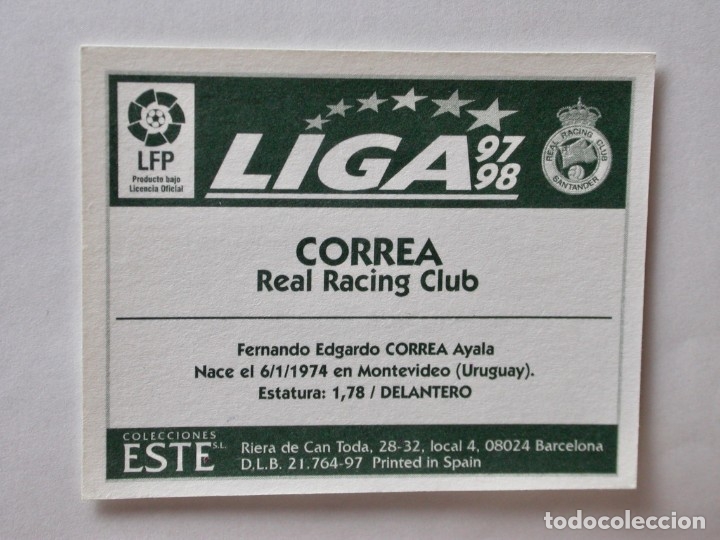 Cromos de f&uacute;tbol: CORREA DEL RACING DE EDICIONES ESTE 97-98, NUNCA PEGADO - Foto 2