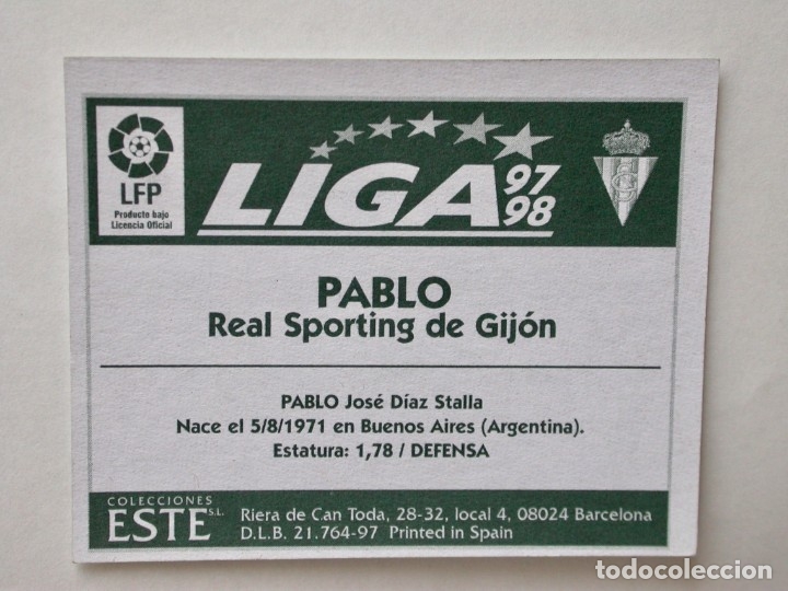 Cromos de f&uacute;tbol: PABLO DEL SPORTING DE EDICIONES ESTE 97-98, NUNCA PEGADO - Foto 2