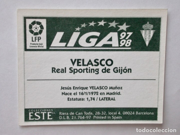 Cromos de f&uacute;tbol: VELASCO DEL SPORTING DE EDICIONES ESTE 97-98, NUNCA PEGADO - Foto 2