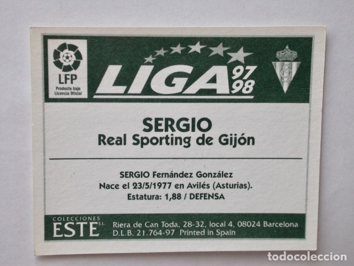 Cromos de f&uacute;tbol: SERGIO DEL SPORTING DE EDICIONES ESTE 97-98, NUNCA PEGADO - Foto 2