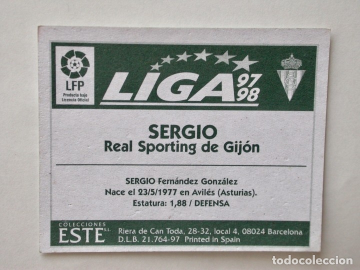 Cromos de f&uacute;tbol: SERGIO DEL SPORTING DE EDICIONES ESTE 97-98, NUNCA PEGADO - Foto 2