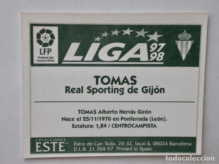 Cromos de f&uacute;tbol: TOM&Aacute;S DEL SPORTING DE EDICIONES ESTE 97-98, NUNCA PEGADO - Foto 2