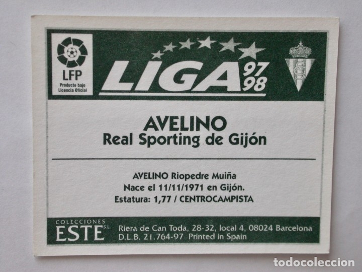 Cromos de f&uacute;tbol: AVELINO DEL SPORTING DE EDICIONES ESTE 97-98, NUNCA PEGADO - Foto 2