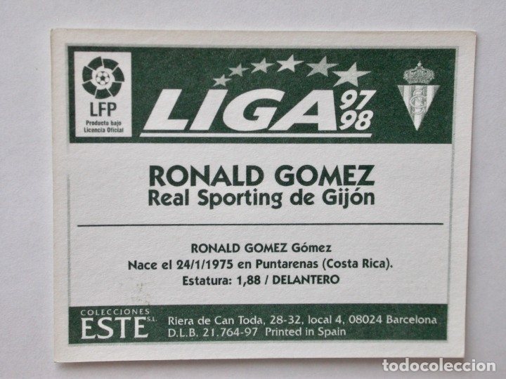 Cromos de f&uacute;tbol: RONALD G&Oacute;MEZ DEL SPORTING DE EDICIONES ESTE 97-98, NUNCA PEGADO - Foto 2