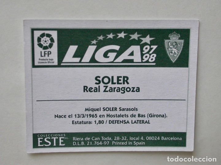 Cromos de f&uacute;tbol: SOLER DEL ZARAGOZA DE EDICIONES ESTE 97-98, NUNCA PEGADO - Foto 2