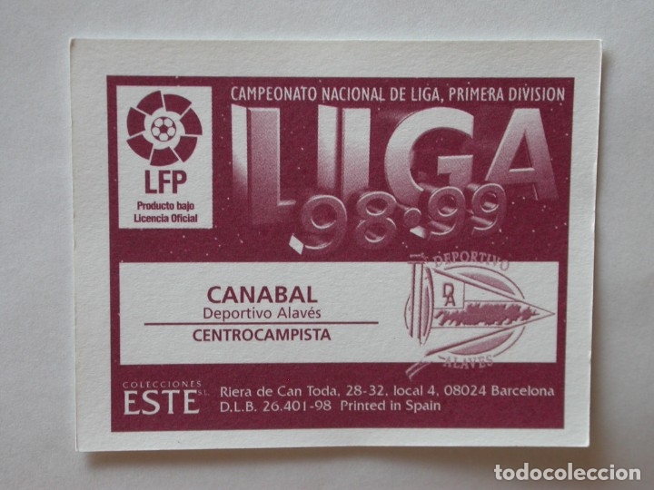 Cromos de f&uacute;tbol: CANABAL DEL ALAV&Eacute;S DE EDICIONES ESTE 98-99, NUNCA PEGADO - Foto 2