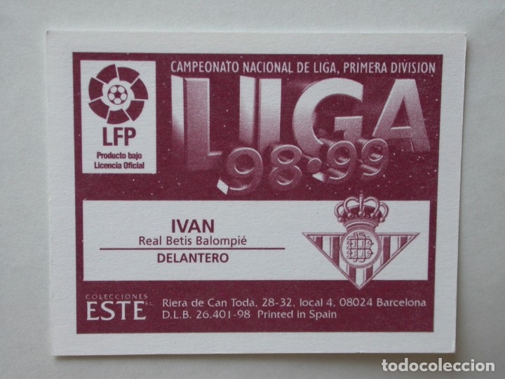 Cromos de f&uacute;tbol: IVAN DEL BETIS DE EDICIONES ESTE 98-99, NUNCA PEGADO - Foto 2