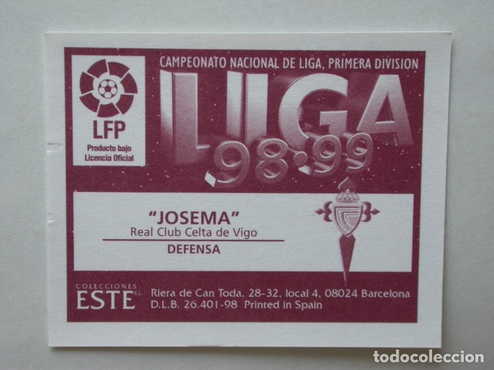 Cromos de f&uacute;tbol: JOSEMA DEL CELTA DE EDICIONES ESTE 98-99, NUNCA PEGADO - Foto 2