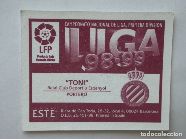 Cromos de f&uacute;tbol: TONI DEL ESPANYOL DE EDICIONES ESTE 98-99, NUNCA PEGADO - Foto 2