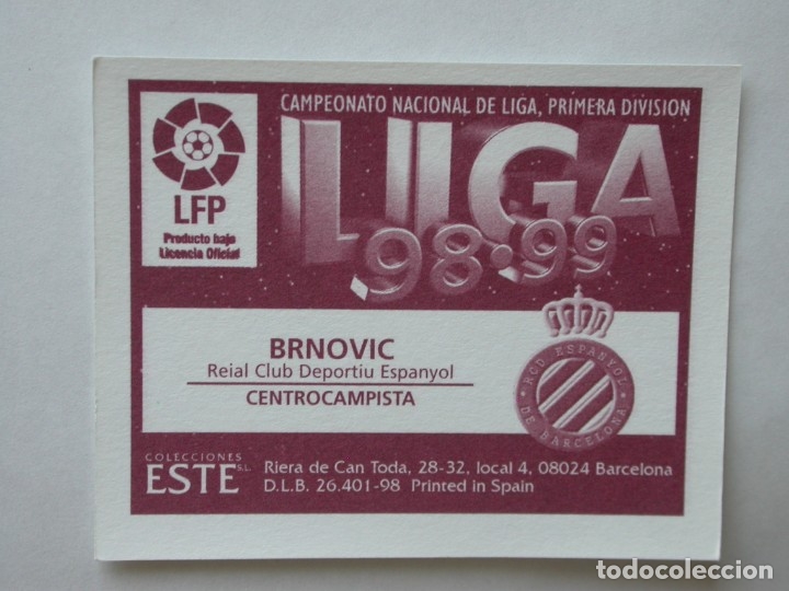 Cromos de f&uacute;tbol: BRNOVIC DEL ESPANYOL DE EDICIONES ESTE 98-99, NUNCA PEGADO - Foto 2