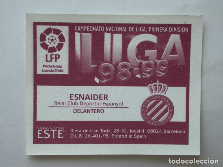 Cromos de f&uacute;tbol: ESNAIDER DEL ESPANYOL DE EDICIONES ESTE 98-99, NUNCA PEGADO - Foto 2