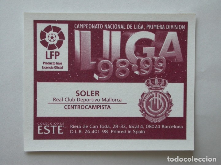 Cromos de f&uacute;tbol: SOLER DEL MALLORCA DE EDICIONES ESTE 98-99, NUNCA PEGADO - Foto 2