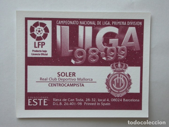 Cromos de f&uacute;tbol: SOLER DEL MALLORCA DE EDICIONES ESTE 98-99, NUNCA PEGADO - Foto 2