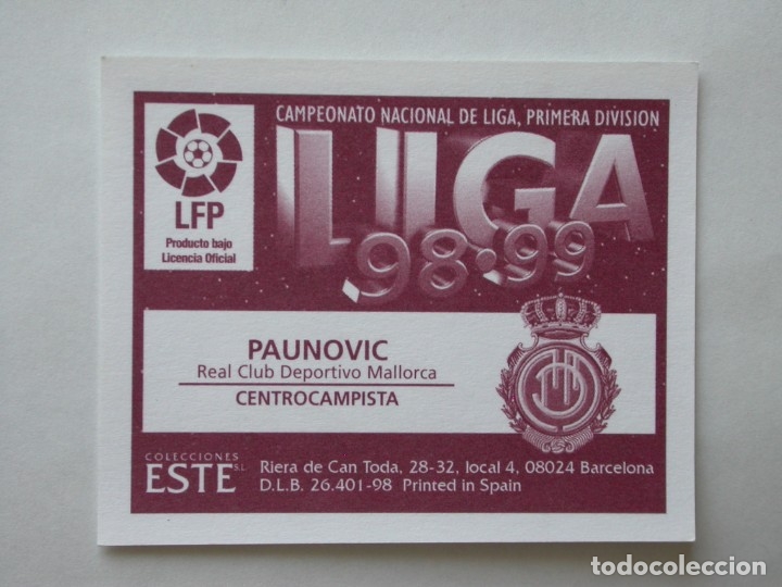 Cromos de f&uacute;tbol: PAUNOVIC DEL MALLORCA DE EDICIONES ESTE 98-99, NUNCA PEGADO - Foto 2