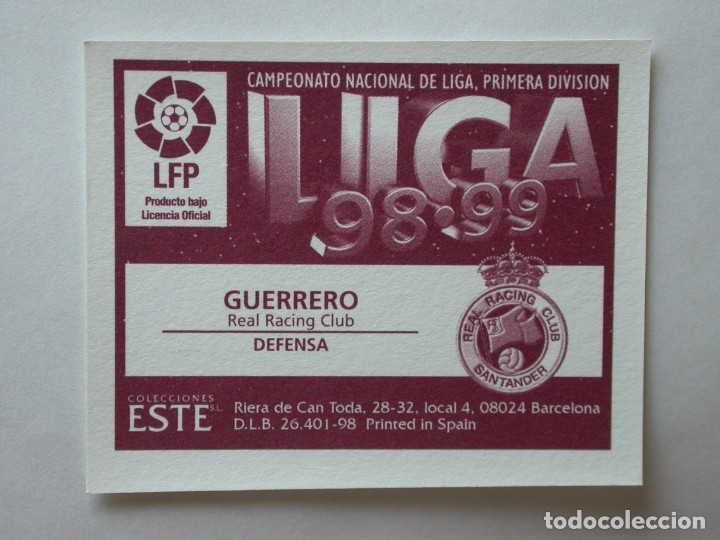 Cromos de f&uacute;tbol: GUERRERO DEL RACING DE EDICIONES ESTE 98-99, NUNCA PEGADO - Foto 2