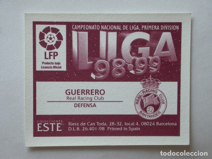 Cromos de f&uacute;tbol: GUERRERO DEL RACING DE EDICIONES ESTE 98-99, NUNCA PEGADO - Foto 2