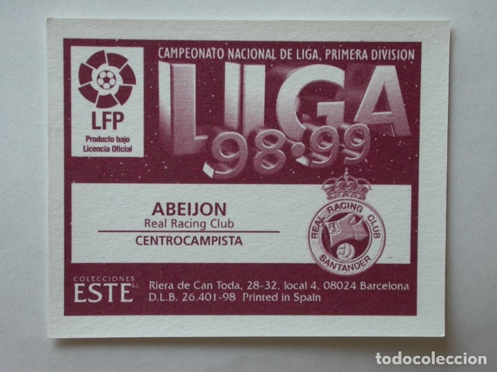 Cromos de f&uacute;tbol: ABEIJ&Oacute;N DEL RACING DE EDICIONES ESTE 98-99, NUNCA PEGADO - Foto 2