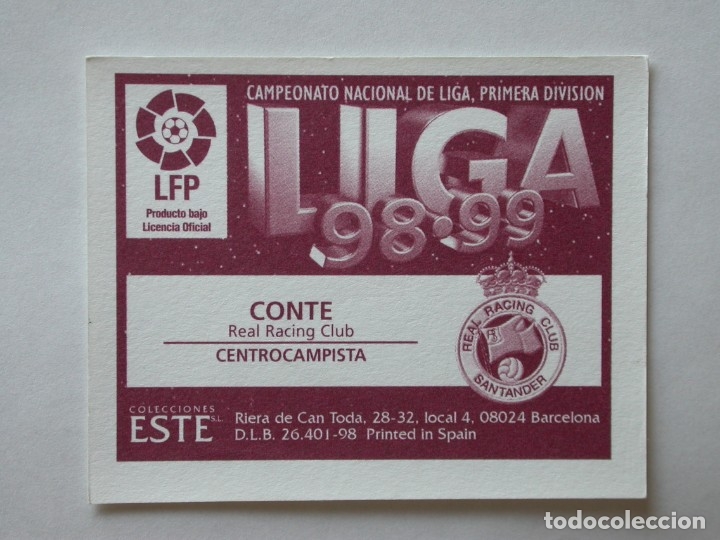 Cromos de f&uacute;tbol: CONTE DEL RACING DE EDICIONES ESTE 98-99, NUNCA PEGADO - Foto 2
