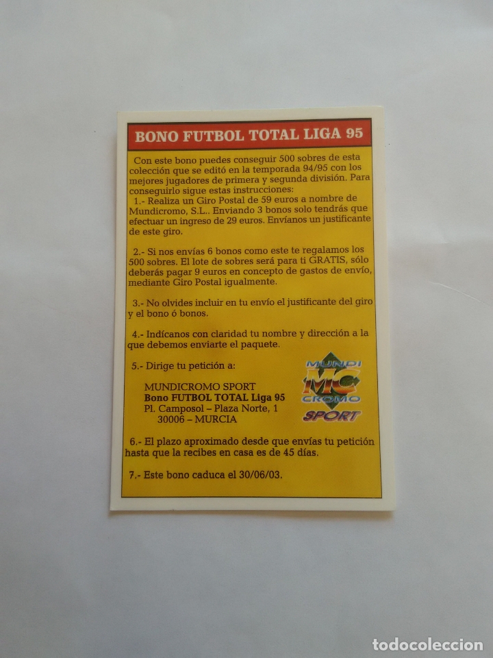 Cromos de F&uacute;tbol: MUY DIF&Iacute;CIL BONO COMODIN FUTBOL TOTAL LIGA 95 - CROMO F&Uacute;TBOL FICHAS LIGA 2002-2003 MUNDICROMO 02-03