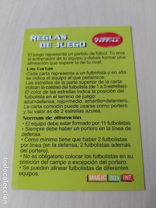 Cromos de f&uacute;tbol: FICHA REGLAS DEL JUEGO - MAGIC BOX INT FUTBOL MATCH TOTAL LIGA 2002 2003 -
