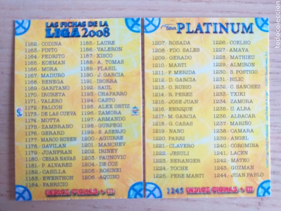 Cromos de f&uacute;tbol: F&Uacute;TBOL CROMO n&ordm; 1245 &Iacute;NDICE FICHAS III MUNDICROMO PLATINUM 2007 2008