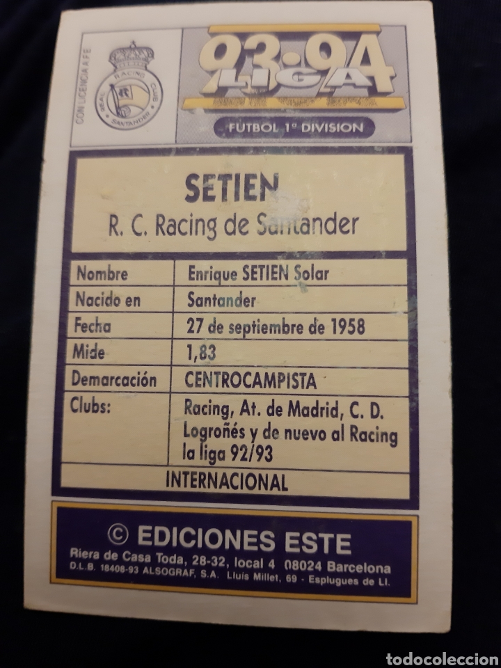 Cromos de f&uacute;tbol: EDICIONES ESTE 93 94 CART&Oacute;N RACING SANTANDER SETIEN - Foto 2