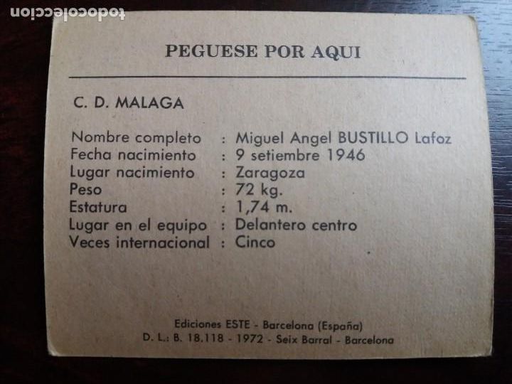 Cromos de f&uacute;tbol: CROMO BUSTILLO. C. D. MALAGA. EDICIONES ESTE 1972. - Foto 2