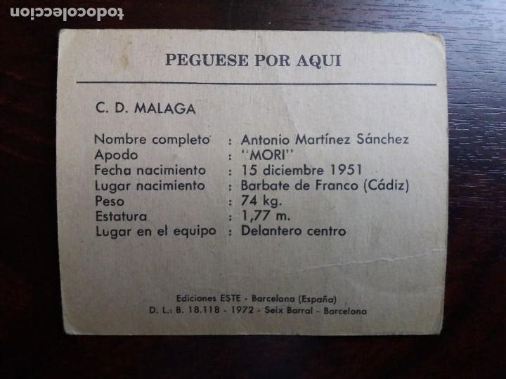 Cromos de f&uacute;tbol: CROMO MORI. C. D. M&Aacute;LAGA. EDICIONES ESTE 1972. - Foto 2