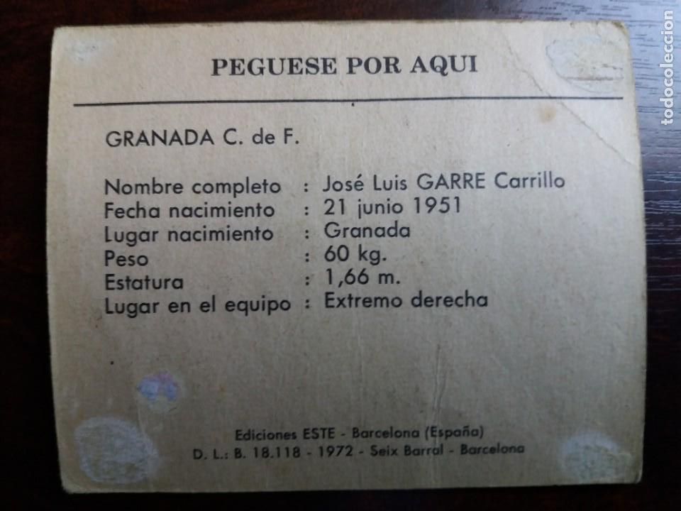Cromos de f&uacute;tbol: CROMO GARRE. GRANADA C. F. EDICIONES ESTE 1972. - Foto 2