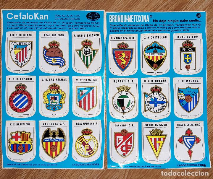Football Stickers: CROMOS ADHESIVOS ESCUDOS 18 EQUIPOS PRIMERA DIVISION 1971-1972 (dos l&aacute;minas)