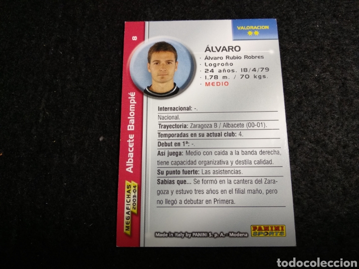 Cromos de f&uacute;tbol: 8. &Aacute;lvaro. Megafichas 2003 2004 panini - Foto 2