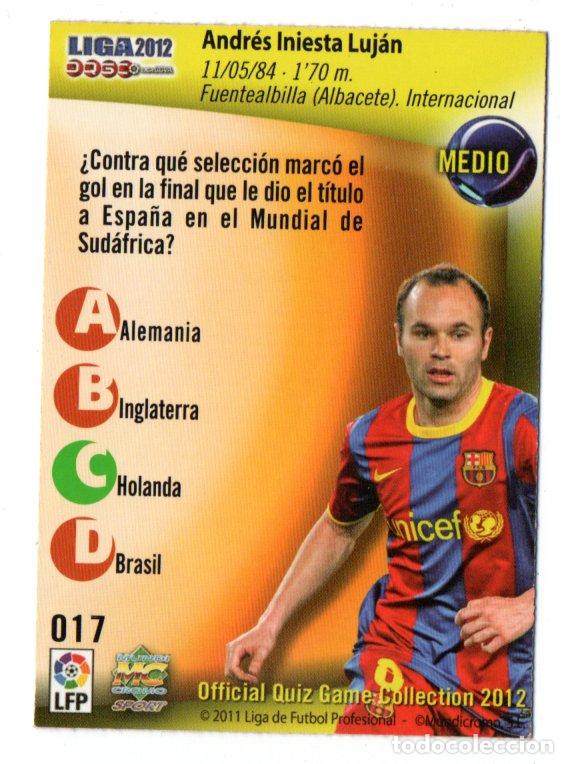 INIESTA 17 - FC BARCELONA - MUNDICROMO FICHAS LA LIGA QUIZ 2011 12 CARD
