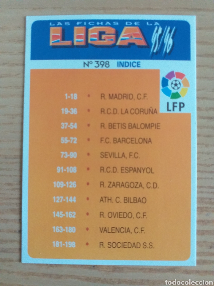 Cromos de f&uacute;tbol: F&Uacute;TBOL CROMO N&ordm; 398 TARJETA &Iacute;NDICE DE LA COLECCI&Oacute;N MUNDICROMO 1995 1996