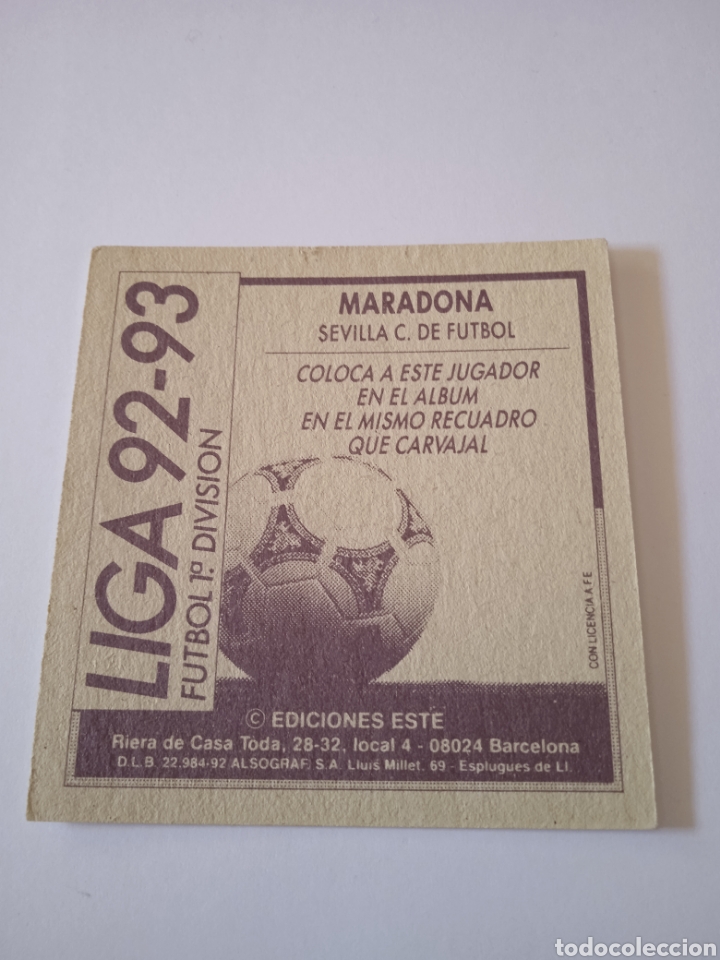 Cromos de f&uacute;tbol: Cromo de Maradona Este 92-93 - Foto 3