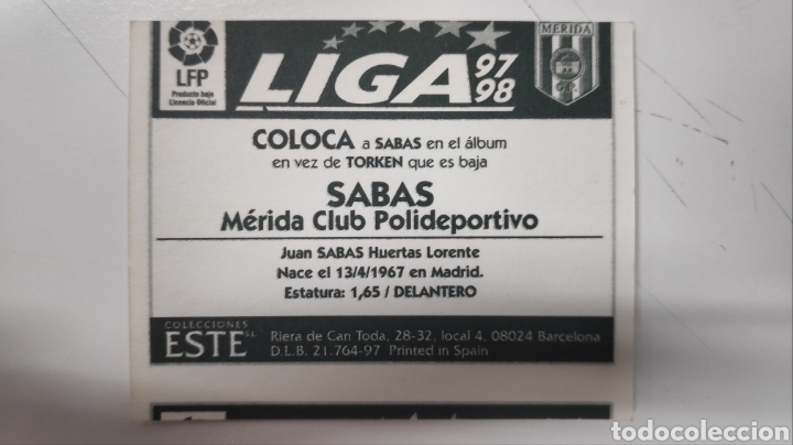 Cromos de f&uacute;tbol: Sabas M&eacute;rida &rdquo;ERROR DE CORTE&rdquo; Coloca ediciones este 97/98 (sin pegar) - Foto 2