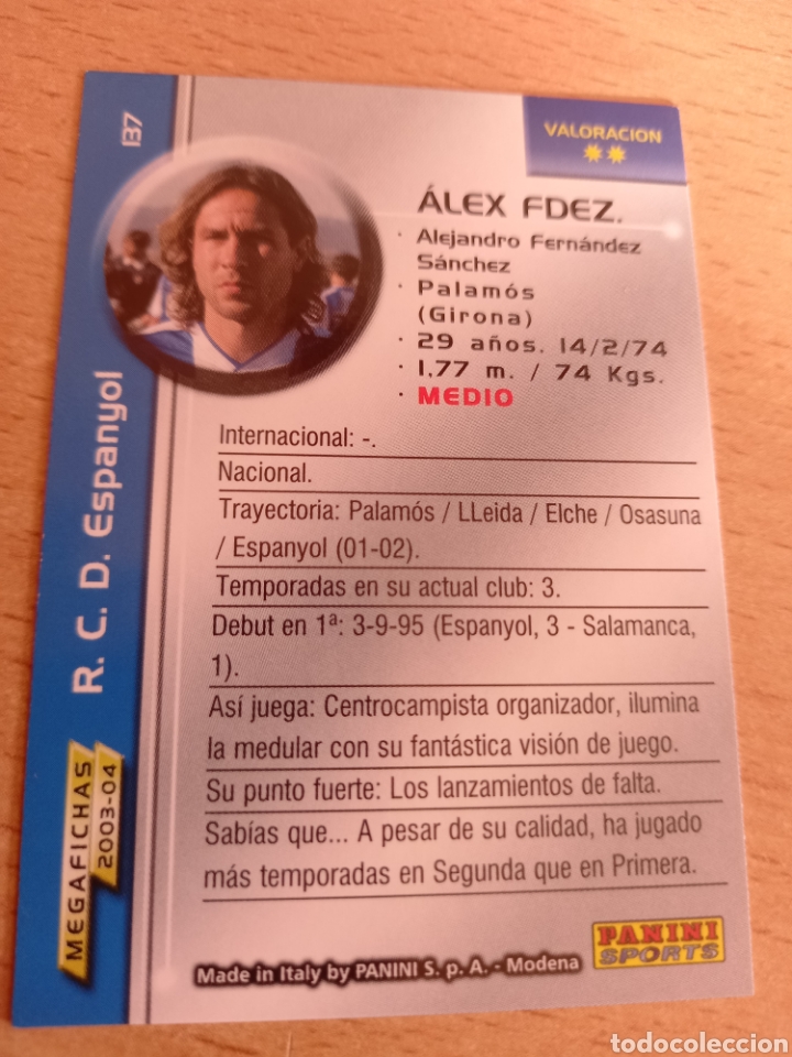 Fu&szlig;ball-Sticker: Panini megacracks megafichas 2003 2004 03 04 137 Alex Fern&aacute;ndez Espanyol versi&oacute;n