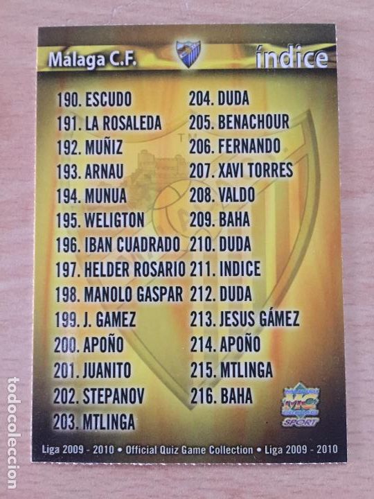 Cromos de f&uacute;tbol: 2009-2010 - 211 INDICE (ERROR) - MALAGA CF - MUNDICROMO - Foto 1