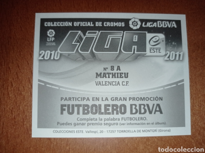 Cromos de f&uacute;tbol: Mathieu n&deg;8A liga este 10/11 Valencia - Foto 2