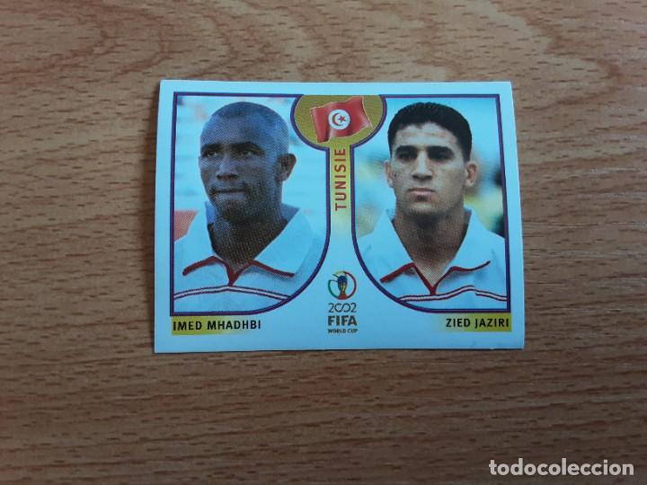 Figurine di Calcio: CROMO FUTBOL MUNDIAL 2002 EDITORIAL PANINI 575.MHADHBI/JAZIRI-TUNEZ-NUNCA PEGADO-TRASERA EN AZUL