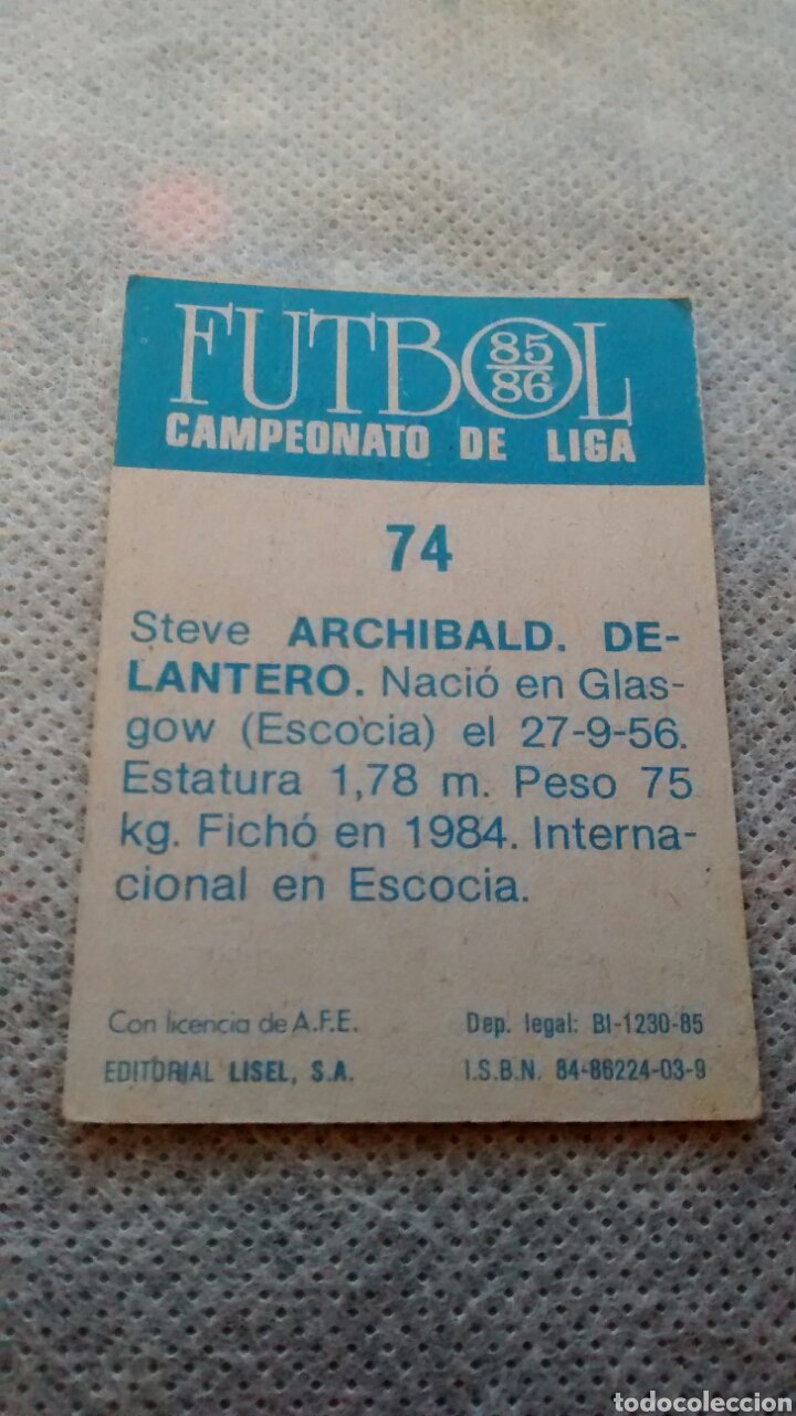 Cromos de f&uacute;tbol: ARCHIBALD 85 86 LISEL, NUMERO 74 - Foto 2