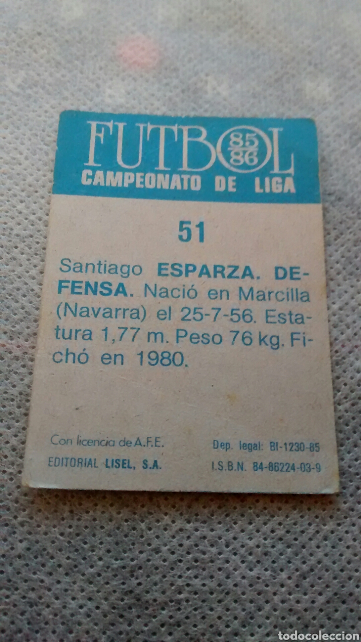 Cromos de f&uacute;tbol: ESPARZA 85 86 LISEL, NUMERO 51 - Foto 2