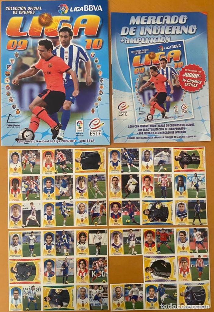 Cromos de F&uacute;tbol: &Aacute;lbum vac&iacute;o (con cromo Messi)+ Mercado Invierno + 4 l&aacute;minas con 35 cromos (falta 1) Liga 09-10. Este