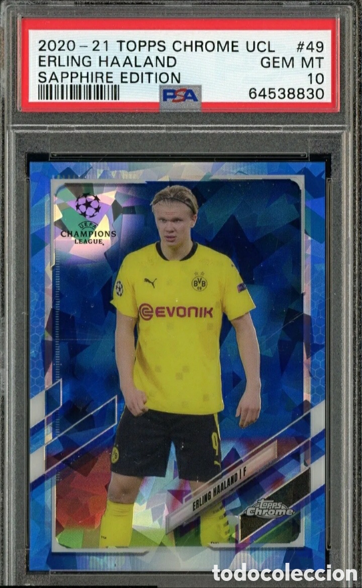 Cromos de F&uacute;tbol: 2020 Topps Chrome UCL Erling Haaland #49 Sapphire Edition PSA 10