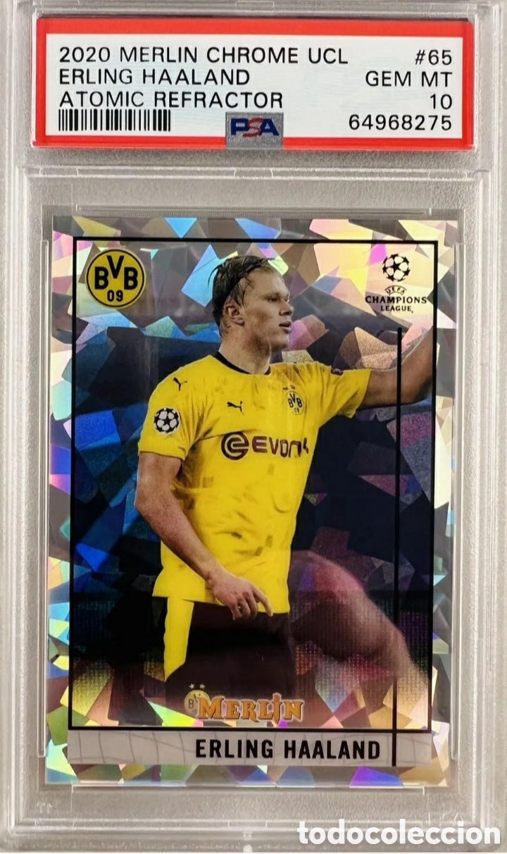 Cromos de F&uacute;tbol: Erling Haaland 2020-21 Topps Merlin Chrome UEFA Atomic Refractor 150/250 PSA 10