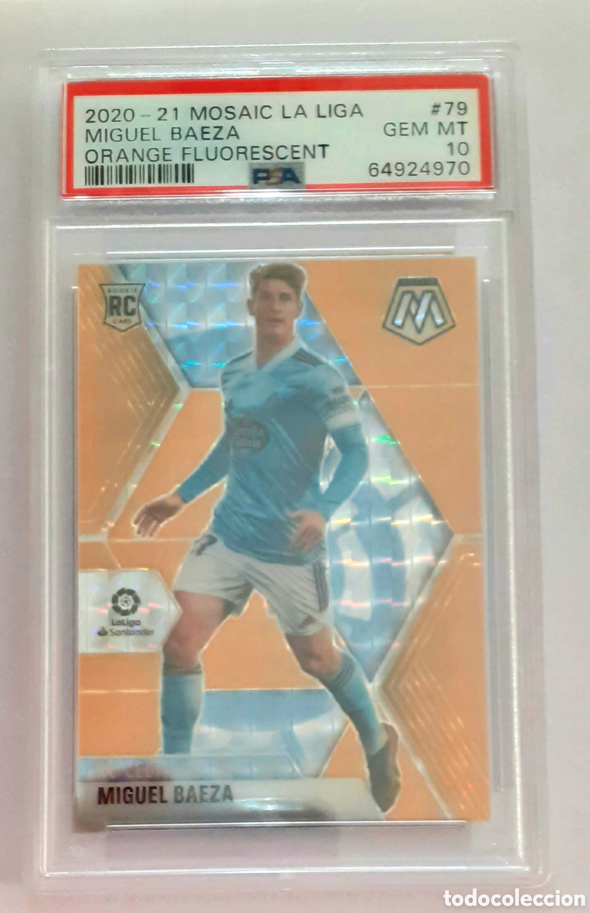 Cromos de f&uacute;tbol: 2020-21 Panini Mosaic La Liga Miguel Baeza Orange Fluorescent Prizm RC 11/25 PSA 10 RC CELTA