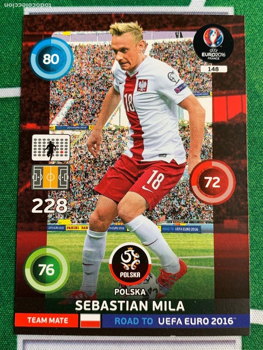 Cartes &agrave; collectionner de Football: 148. Sebastian Mila (Polska) Panini Road to UEFA Euro 2016 France Adrenalyn XL