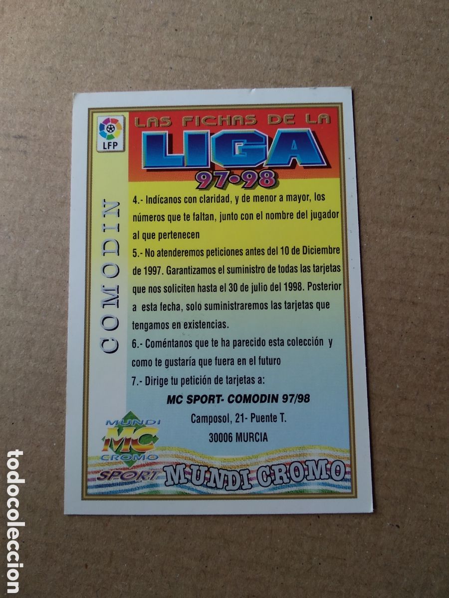 Cromos de f&uacute;tbol: CROMO FUTBOL LAS FICHAS DE LA LIGA 97-98 MUNDICROMO 1997-1998 - TARJETA ESPECIAL: COMOD&Iacute;N