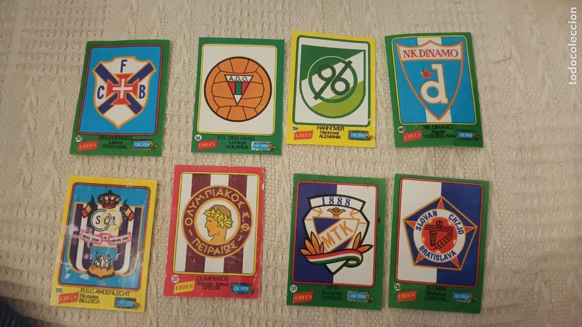 Cromos de F&uacute;tbol: CROPAN CRECS CROMO PL&Aacute;STICO EQUIPOS EUROPA LOTE 8 ESCUDO ANDERLECHT, DINAMO HANNOVER OLIMPIAKOS