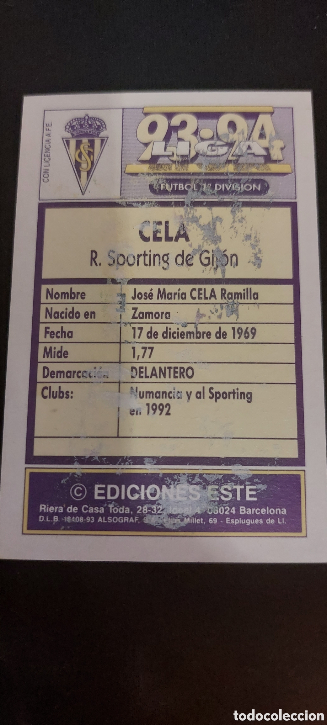 Cromos de f&uacute;tbol: Cela baja 93/94 despegado - Foto 2