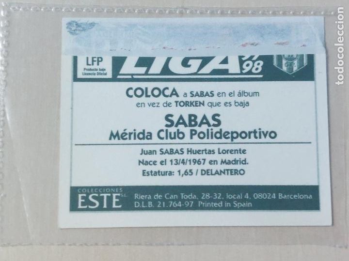 Cromos de f&uacute;tbol: COMPLETA TU ALBUM ESTE 97 98 COLOCA SABAS - VENTANILLA - - Foto 2